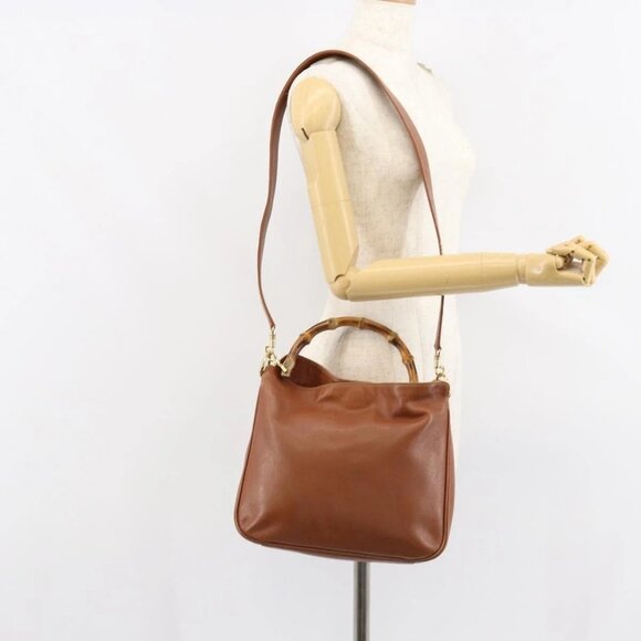 GUCCI Bamboo Hand Bag Leather 2way Brown Gold